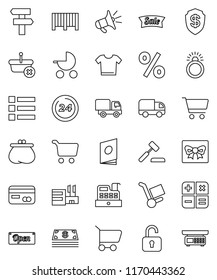 thin line vector icon set - cart vector, gift, credit card, wallet, cash, sale, open, 24 hour, percent, mall, barcode, cashbox, basket, calculator, auction, trolley, delivery, catalog, loudspeaker