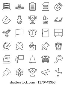 thin line vector icon set - copybook vector, school building, blackboard, glasses, student, atom, telescope, microscope, bell, table lamp, alarm clock, clipboard, paper pin, award cup, medal, magnet