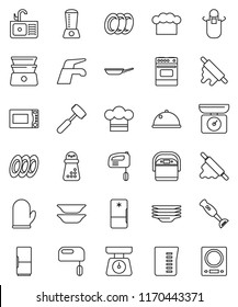 thin line vector icon set - water tap vector, plates, sink, pan, measuring cup, scales, cook hat, apron, glove, rolling pin, meat hammer, hand mill, microwave oven, double boiler, blender, dish