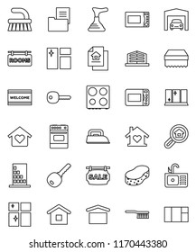thin line vector icon set - plunger vector, fetlock, sponge, window cleaning, welcome mat, shining, sink, microwave oven, dry cargo, key, garage, estate document, sale signboard, rooms, search, iron