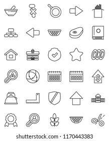 thin line vector icon set - pan vector, kettle, colander, plates, pasta, steak, university, school building, corner ruler, medal, dollar growth, arrow up, hierarchy, calendar, cereals, no hook, star