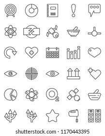 thin line vector icon set - mixer vector, copybook, atom, pie graph, target, calendar, oxygen, attention, satellite, top sign, equalizer, heart, cross, eye, mortar, connect, message, redo, star