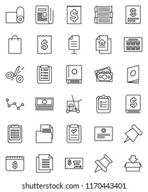 thin line vector icon set - cleaner trolley vector, book, schedule, clipboard, paper pin, certificate, constellation, cash, check, annual report, receipt, dollar calendar, fitness mat, money, estate