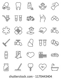 thin line vector icon set - rake vector, water tap, house hold, heart pulse, pills vial, buttocks, monitor, no trolley, ambulance star, broken bone, patch, bottle, hospital building, amkbulance car