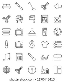 thin line vector icon set - spatula vector, ladle, mixer, glasses, scissors, abacus, music, case, clock, tie, dollar sign, t shirt, target, radio, tv, menu, arrow, cushioned furniture, calculator