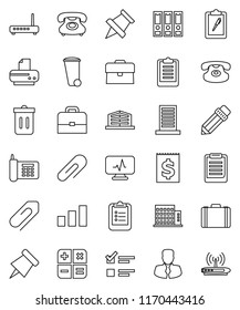 thin line vector icon set - trash bin vector, pencil, case, clipboard, paper pin, exam, manager, binder, phone, receipt, sorting, classic, diagnostic monitor, attachment, apartments, office building