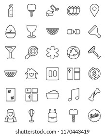 thin line vector icon set - scraper vector, vacuum cleaner, window cleaning, foam basin, agent, plates, shining, woman, colander, cook timer, backpack, music, exchange, punching bag, glass, internet