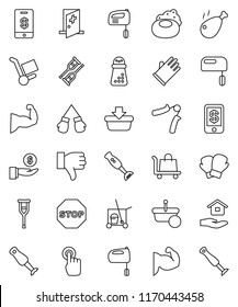 thin line vector icon set - soap vector, cleaner trolley, rubber glove, house hold, hand mill, mixer, blender, chicken leg, investment, trainer, muscule, boxing, touchscreen, finger down, crutches