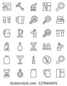 thin line vector icon set - scraper vector, shining window, oil, measuring cup, hand mill, spices, jug, jar, no alcohol sign, glass, cargo search, flask, vial, magnifier, sand clock, potion, estate