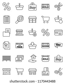 thin line vector icon set - house hold vector, cart, credit card, office, cargo search, estate document, rooms signboard, sold, low price, new, percent, market, store, buy, barcode, basket, coupon