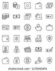 thin line vector icon set - dollar coin vector, credit card, wallet, money bag, piggy bank, investment, stack, check, receipt, any currency, cash, cashbox, shield