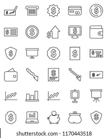 thin line vector icon set - presentation vector, dollar coin, graph, laptop, wallet, crisis, piggy bank, growth, check, receipt, board, medal, shield, monitor, credit card