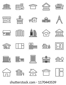 thin line vector icon set - university vector, school building, drawing compass, bank, dry cargo, hospital, home, cottage, chalet, barn, fence, plan, apartments, office, love, store, mall, window