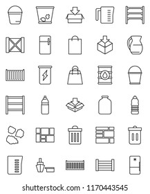 thin line vector icon set - bucket vector, trash bin, garbage pile, measuring cup, jug, jar, enegry drink, water bottle, sea container, port, wood box, consolidated cargo, package, oil barrel