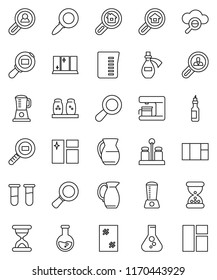 thin line vector icon set - window cleaning vector, shining, measuring cup, spices, jug, oil, magnifier, flask, cargo search, vial, sand clock, potion, cloud glass, estate, client, coffee maker