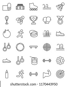 thin line vector icon set - award cup vector, barbell, stadium, punching bag, fitball, muscule hand, snickers, boxing glove, roller Skates, skateboard, target, medal, sports nutrition, fitness mat
