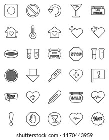 thin line vector icon set - sieve vector, arrow down, heart pulse, prohibition sign, no alcohol, cross, attention, glass, rec button, thermometer, vial, undo, stop, sale signboard, low price, new