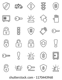 thin line vector icon set - rubber glove vector, dollar shield, safe, attention, traffic light, amkbulance car, lock, unlock, key, sign, siren, home protect, password