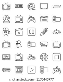 thin line vector icon set - cinema clap vector, film spool, tv, gamepad, video camera, remote control, play button, pause, stop, hdmi, web, projector