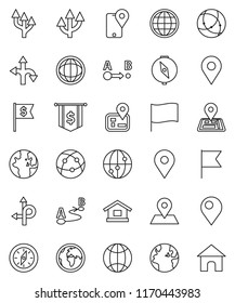 thin line vector icon set - compass vector, world, flag, dollar, route, navigator, earth, map pin, traking, internet, connection, globe, arrow, home