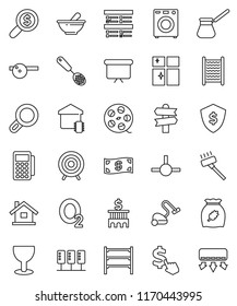 thin line vector icon set - vacuum cleaner vector, washboard, shining window, skimmer, turk coffee, cereal, exam, bank building, money search, presentation board, dollar shield, cursor, target, cash