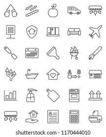 thin line vector icon set - scraper vector, bath, liquid soap, shining window, house hold, spatula, cutting board, oven, bbq, pen, apple fruit, personal information, graph, calculator, boxing glove