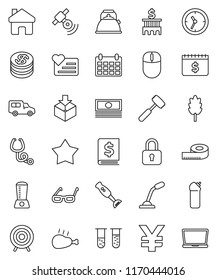 thin line vector icon set - cleaning agent vector, kettle, meat hammer, blender, cereal, chicken leg, glasses, cash, annual report, bank building, dollar calendar, yen sign, measuring, target, car