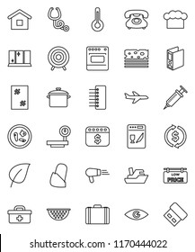 thin line vector icon set - window cleaning vector, shining, pan, colander, cook hat, leaf, exchange, case, binder, dollar calendar, target, breads, plane, phone, ship, big scales, doctor bag, eye
