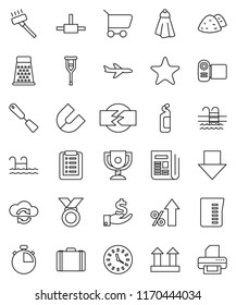 thin line vector icon set - vacuum cleaner vector, towel, cleaning agent, garbage pile, measuring cup, spatula, grater, award, magnet, percent growth, case, investment, arrow down, stopwatch, medal