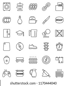 thin line vector icon set - soap vector, drying clothes, plates, kettle, oil, measuring cup, knife, rolling pin, cutting board, jug, graduate hat, alarm clock, compass, snickers, signpost, wood box