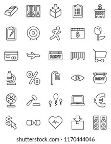 thin line vector icon set - microscope vector, notebook pc, gold ingot, bank building, target, binder, dollar calendar, cursor, euro sign, heart pulse, clipboard, run, plane, tulip, package, barcode