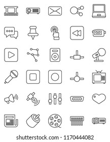 thin line vector icon set - film frame vector, spool, microphone, satellitie, newspaper, loudspeaker, settings, video camera, touchscreen, dialog, notebook pc, social media, speaker, heart, mail, tv