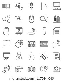 thin line vector icon set - water drop vector, welcome mat, certificate, presentation, document, flag, money bag, tie, calendar, monitor dollar, muscule hand, cereals, warehouse, weight, big scales