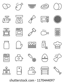 thin line vector icon set - colander vector, scales, cook hat, glove, timer, press, skimmer, meat hammer, grater, microwave oven, spices, sieve, jar, egg, potato, steak, chicken leg, pills vial