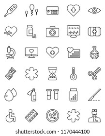 thin line vector icon set - pills vial vector, heart monitor, cross, first aid kit, ambulance star, disabled, pulse, thermometer, flask, eye, crutches, scissors, scalpel, sand clock, blister, potion
