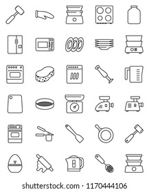 thin line vector icon set - sponge vector, plates, pan, measuring cup, cook glove, timer, press, skimmer, spatula, rolling pin, meat hammer, cutting board, oven, double boiler, sieve, jar, fridge