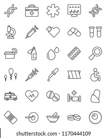 thin line vector icon set - heart cross vector, doctor bag, ambulance star, disabled, pulse, vial, dna, magnifier, insemination, syringe, dropper, patch, pills, blister, mortar, microscope, potion