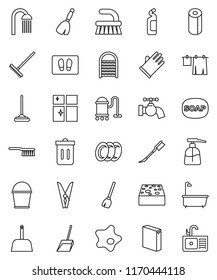 thin line vector icon set - soap vector, broom, vacuum cleaner, fetlock, mop, scoop, rake, bucket, clothespin, sponge, trash bin, water tap, car, splotch, welcome mat, bath, drying clothes, liquid
