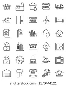 thin line vector icon set - cottage vector, windmill, water supply, fruit tree, mountain, barn, plan, estate document, sale signboard, rent, office building, search, lock, unlock, crib, bath, fridge