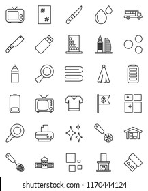 thin line vector icon set - towel vector, shining, window cleaning, skimmer, knife, school building, bus, magnifier, dollar flag, t shirt, water bottle, tv, battery, blood drop, share, loading, barn