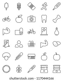 thin line vector icon set - oil vector, double boiler, cereal, mushroom, potato, apple fruit, diet, bike, muscule hand, fitness mat, cereals, pool, first aid kit, bone, hoop, run, thermometer, patch