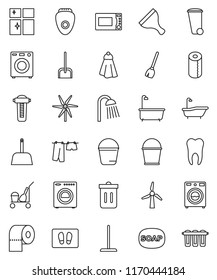 thin line vector icon set - soap vector, scraper, cleaner trolley, broom, mop, scoop, bucket, towel, trash bin, welcome mat, bath, drying clothes, washer, shining window, toilet paper, shower, tooth