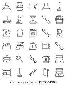 thin line vector icon set - plunger vector, water tap, vacuum cleaner, mop, bucket, sponge, car fetlock, washing powder, kettle, spatula, microwave oven, double boiler, blender, dishwasher, hood