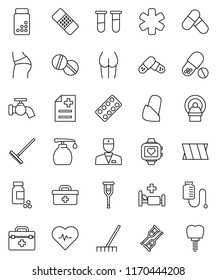 thin line vector icon set - rake vector, water tap, liquid soap, heart pulse, pills vial, buttocks, monitor, doctor bag, ambulance star, crutches, patch, blister, anamnesis, hospital bed, tomography