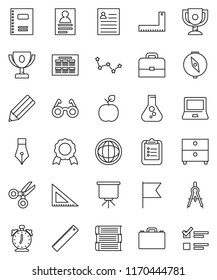 thin line vector icon set - book vector, copybook, pen, pencil, corner ruler, drawing compass, glasses, case, apple fruit, notebook pc, alarm clock, schedule, clipboard, award cup, medal, scissors