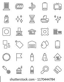 thin line vector icon set - towel vector, shining, plates, skimmer, cutting board, hand mill, school building, flag, percent growth, sand clock, any currency, water bottle, hoop, route, tv, battery