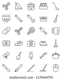 thin line vector icon set - plunger vector, broom, rake, sponge, iron, pan, measuring cup, spatula, ladle, rolling pin, blender, pen, telescope, scissors, first aid kit, scalpel, diagnostic monitor