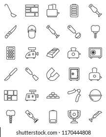 thin line vector icon set - camping cauldron vector, spatula, ladle, knife, grater, toaster, blender, award cup, magnet, gold ingot, safe, hand trainer, consolidated cargo, battery, scalpel