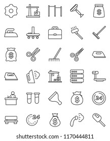 thin line vector icon set - scraper vector, vacuum cleaner, rake, iron, steaming, student, case, money bag, horizontal bar, big scales, vial, scissors, data, gear, bench, construction crane, 24 hour