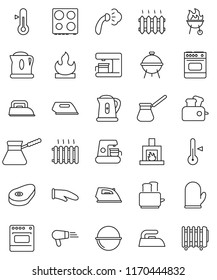 thin line vector icon set - iron vector, steaming, camping cauldron, kettle, cook glove, turk coffee, toaster, oven, thermometer, bbq, steak, flammable, fireplace, heating, maker, hair dryer, heater